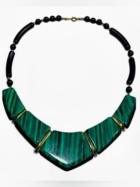 Women’s Vintage Black & Gold Beaded w/ Faux Green Malachite Necklace
